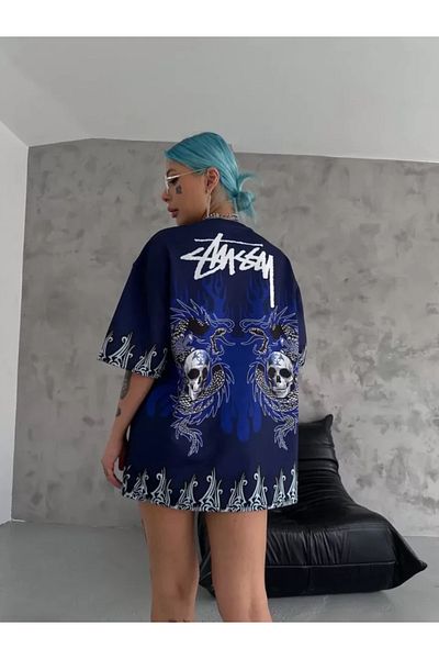 Viyamo Μπλουζάκι Unisex Crew Neck Printed Oversize - Navy Blue