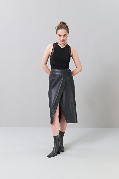 Roman Kruvaze Görünümlü Midi Boy Etek Siyah K2515060_001