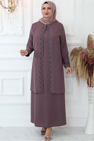 TRENDTESETTÜR Γυναικείο βραδινό φόρεμα με ροζ (DRIED ROSE) πέτρα κεντημένο T 7321
