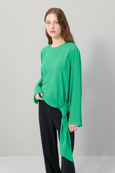 Roman Yanı Kuşak Detaylı Bisiklet Yaka Bluz Yeşil K2513011_012