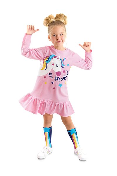 Denokids Unicorn Magic - Rosa langärmliges Rüschenkleid für Mädchen