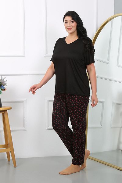 Akbeniz Plus Size Μαύρο Χτενισμένο Βαμβακερό Σετ Πυτζάμες - Κοντό μανίκι 202406