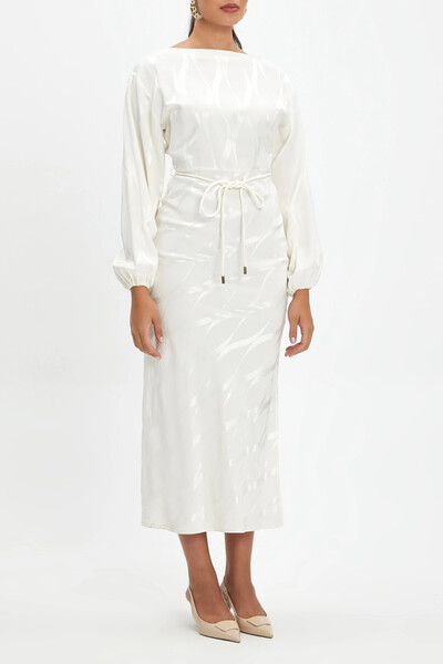 SERPİL Jakar Kumaş Kendinden Desenli Belden Ip Bağcıklı Yırtmaç Detaylı Midi ...