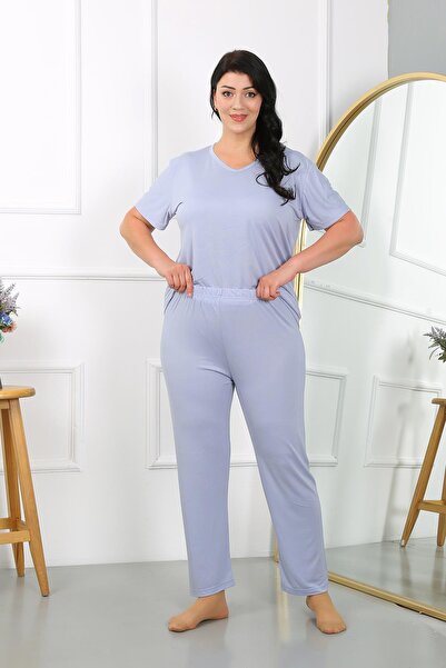 Akbeniz Lilac Plus Size Short Sleeve Combed Cotton Pajama Set -202405