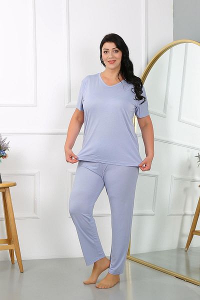 Akbeniz Σετ πιτζάμες λιλά Plus Size κοντομάνικο χτενισμένο βαμβακερό - 202405