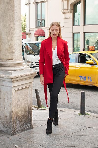 Jument Red Long Sleeve Shawl Collar Thick Stamp Coat
