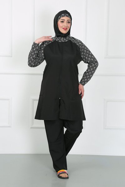 Akbeniz Plus Size Patterned Hijab Swimsuit Black 44030