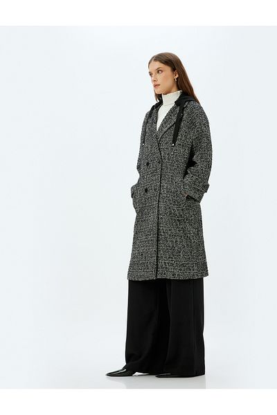 Koton Buttoned Long Double Breasted Coat with Detachable Hood Pockets