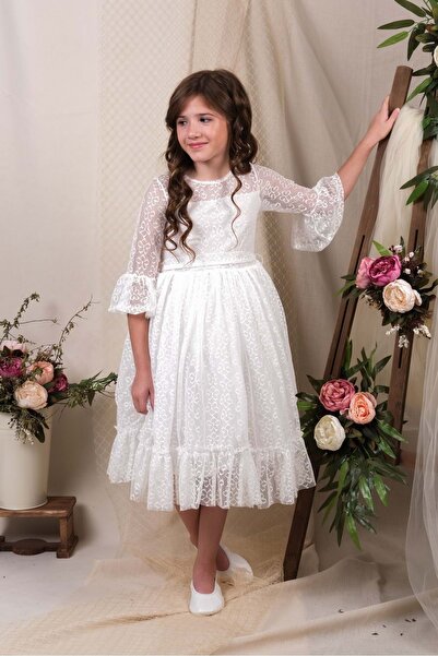 Mnk Baby&Kids Λευκό Δαντελένιο Μακρυμάνικο Κοριτσίστικο Φόρεμα - MNK0600