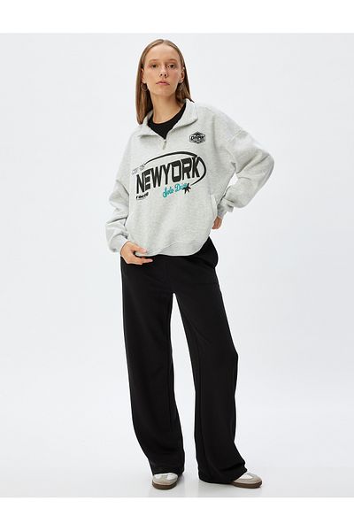 Koton Printed Stand Collar and Pocket Detailed Raised Half Zipper Sweatshirt