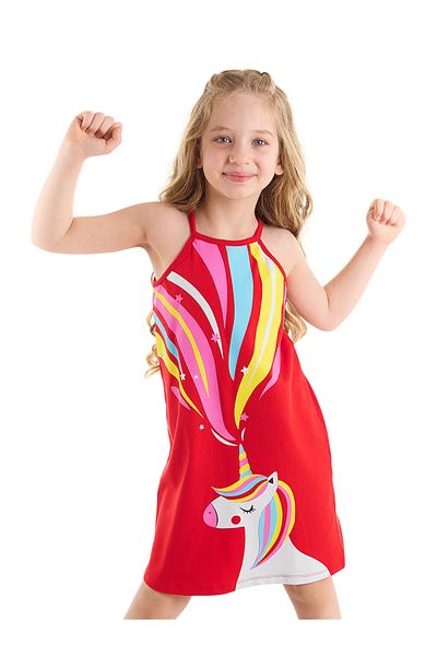 Denokids Rotes Sommerkleid für Mädchen mit Einhorn-Muster - mit Trägern