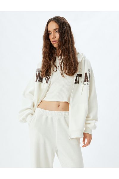 Koton Oversize Zippered Hooded Sweatshirt - Back Printed Pocket Detail
