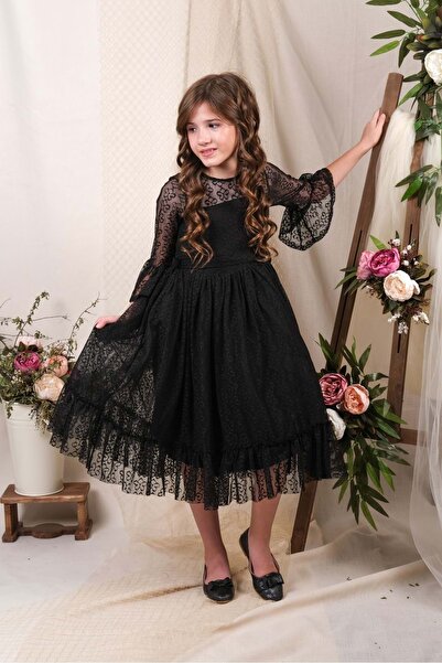 Mnk Baby&Kids Rochie de fetiță Makri din dantelă neagră - mânecă lungă MNK0600