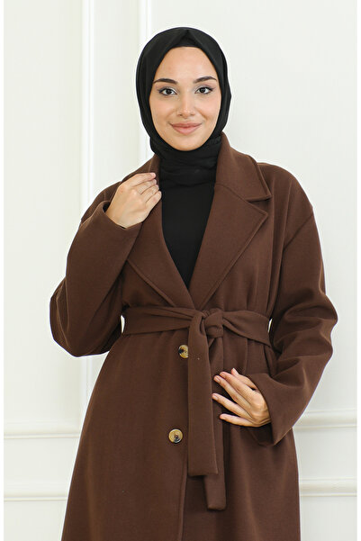 sefamerve Büyük Beden Kruvaze Tek Düğmeli Kap 712510-01 Kahverengi