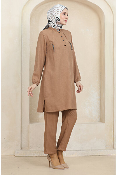 sefamerve Milk Brown Tunic and Trousers Set - Button Detailed 1004-01