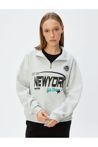 Koton Printed Stand Collar and Pocket Detailed Raised Half Zipper Sweatshirt