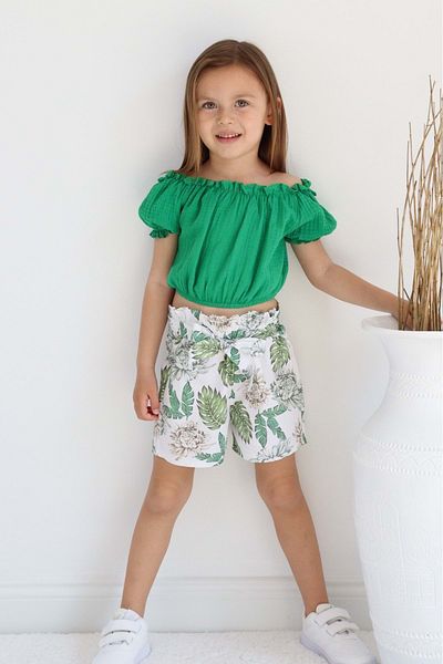 Mnk Baby&Kids Costum pentru fetiță din muselină cu model de palmier, cu pantaloni scurți TF7355 VERDE