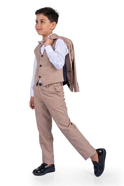 Mnk Baby&Kids Brooched Groom Suit with Jacket and Vest and Shirt Mnk0511 Beige