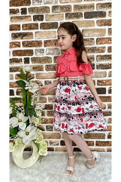 Mnk Floral Viscose Shirt Collar Summer Girls Dress Pomegranate Flower