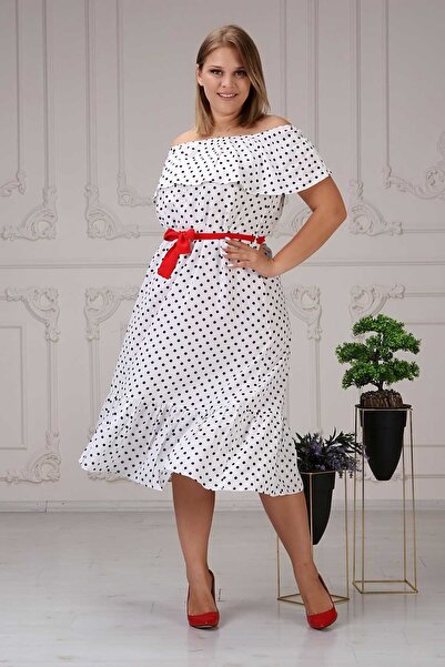 Zer Otantik White Large Size Polka Dot Madonna Collar Dress