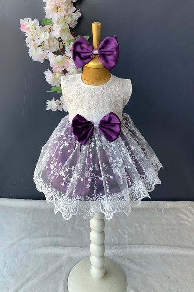 Mnk Baby&Kids Saç Bantlı Dantelli Bebek Elbise PNPN136 MOR