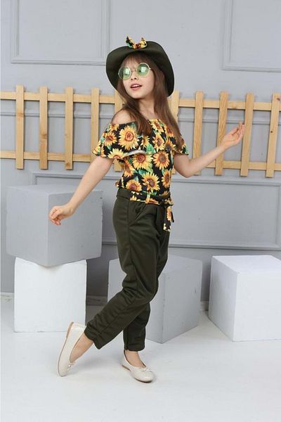 Mnk Girls' Suit with Sunflower Hat, Khaki