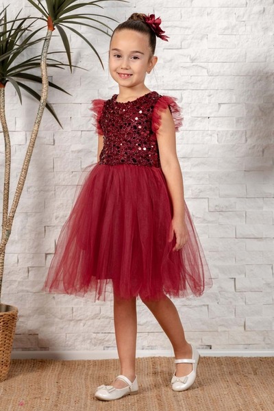 Mnk Baby&Kids Tüllü Kız Çocuk KPL Elbise MNK0526 BORDO