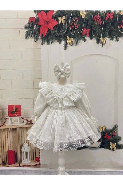 Nissa White Velvet Girl's Dress