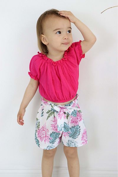 Mnk Baby&Kids Palm Tree Pattern Muslin Fabric Girls' Suit with Shorts TF7355 Fuchsia