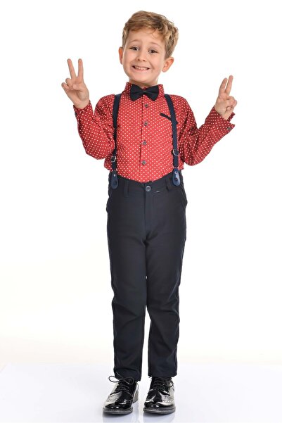 Mnk Long Pants Dark Patterned Shirt Boys' Set Mnk0301 Bordo