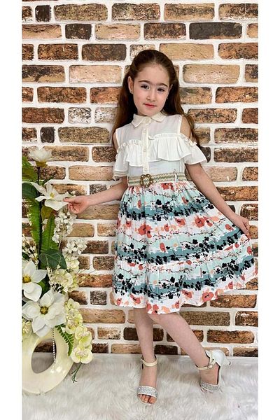 Mnk Floral Viscose Shirt Collar Summer Girls Dress Ecru