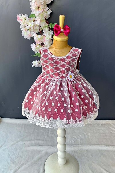 Mnk Baby&Kids Saç Bantlı Papatyalı Dantelli Bebek Elbise Pnpn146 Kırmızı