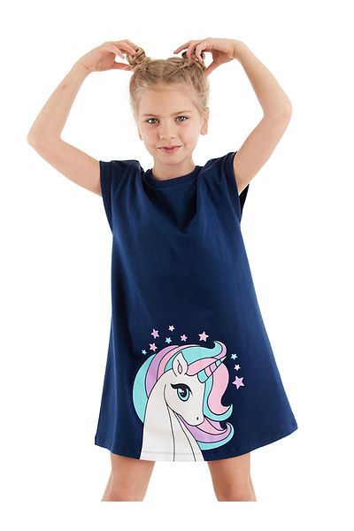 Denokids Mädchen Kleid Einhorn Mädchen Kinder Freizeitkleid Marineblau