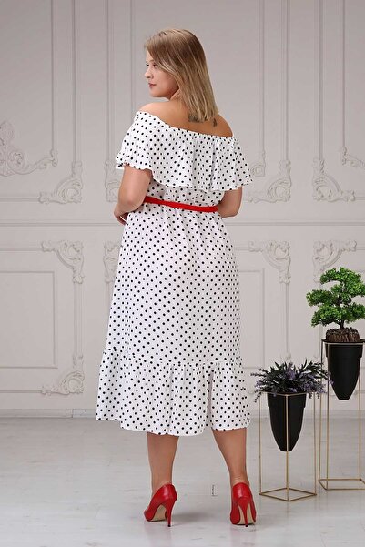 Zer Otantik White Large Size Polka Dot Madonna Collar Dress