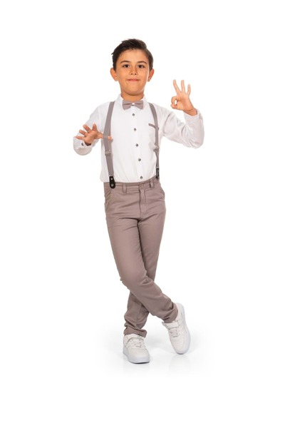 Mnk Baby&Kids Oxford Gömlek Uzun Pantolon Erkek Çocuk Takımı MNK0302 BEJ