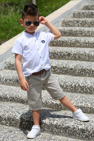 Mnk Baby&Kids Linen Shirt Woven Trousers Belted Boys' Suit Mnk4306 White