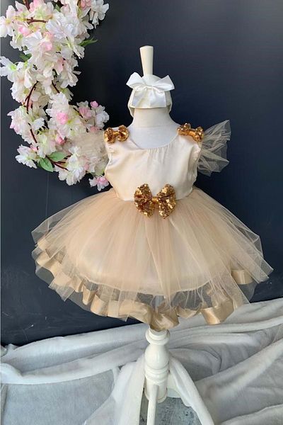 Mnk Baby&Kids Sequin Sequined Bow Satin Baby Girl Mevlütluk Dress Pnpn176 Beige