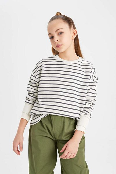 DeFacto B7378A8 Ss Girl's Relax Fit Crew Neck Striped Sweatshirt