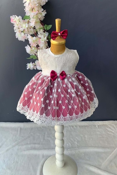 Mnk Baby&Kids Saç Bantlı Dantelli Bebek Elbise PNPN136 BORDO