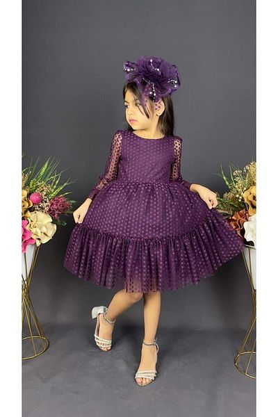 Mnk 0306 Plum - Πριγκίπισσα Φόρεμα για κορίτσι με Δαντέλα