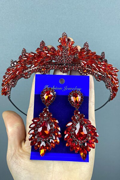 Limelia Set de coroană și cercei cu piatră de mireasă cu cristal roșu Lena