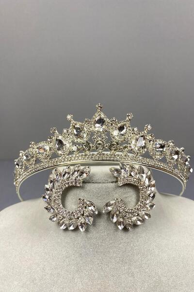 Limelia Set de coroană de mireasă și cercei Ade din argint cu pietre rotunde