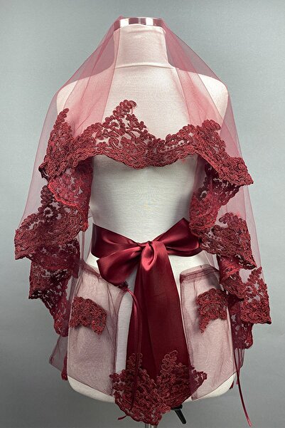 Limelia Βουργουνδίας χρώματος Alya, νυφικό πέπλο χέννας, κάλυμμα προσώπου