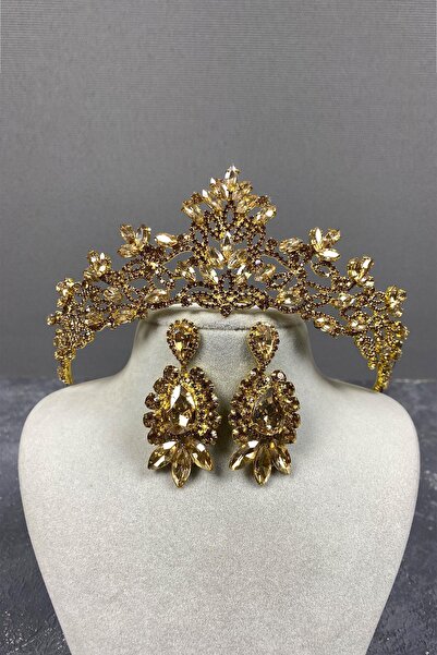 Limelia Set de cercei cu coroană și piatră de mireasă Melis de culoare miere