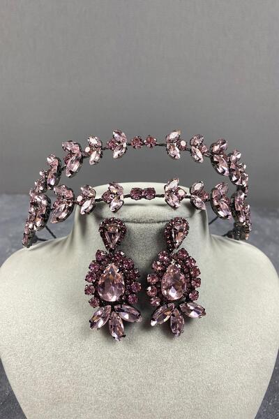 Limelia Set de cercei cu coroană și henna de mireasă cu două rânduri roz Alfa