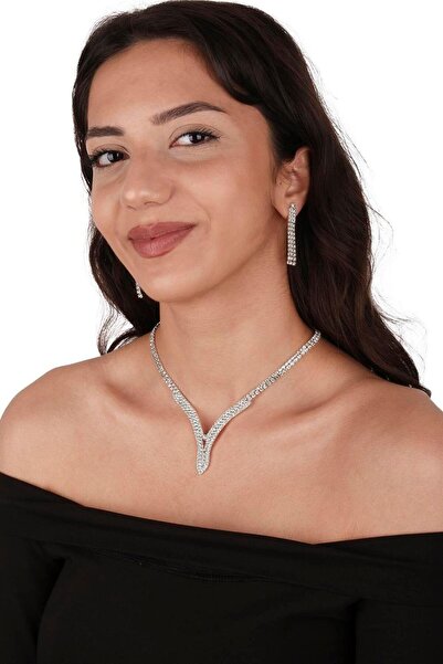 Limelia Set de rochie de seară și cercei cu colier cu detalii din piatră de c...