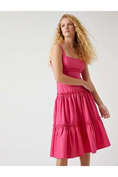 Koton فستان نسائي مزين بالكشكشة بطول متوسط 2SAK80221EW فوشيا فوشيا