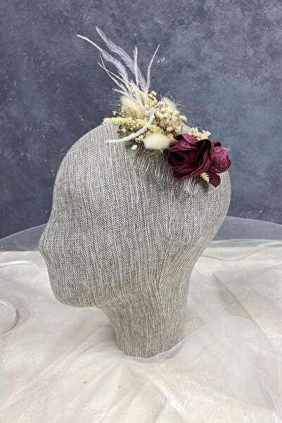 Limelia Accesoriu pentru păr cu pene și flori de cipso, culoare burgundy