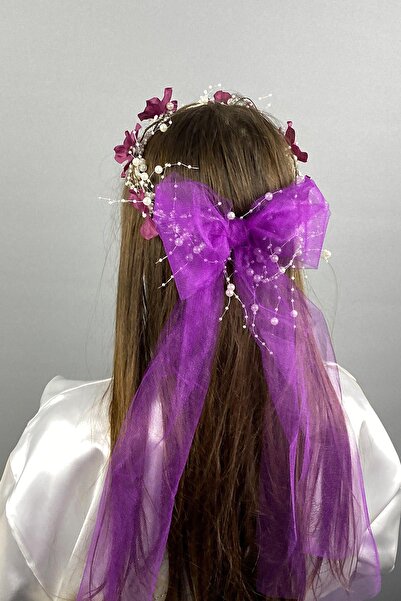 Limelia Лилава панделка с цвете от хортензия, специална булчинска корона от къна