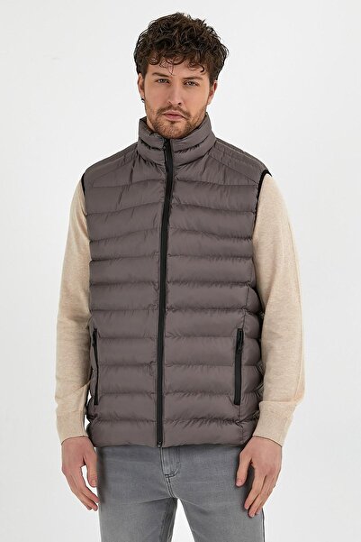 odelon Ανδρικό Μπεζ Slim Fit Casual Γιλέκο - Stand Collar